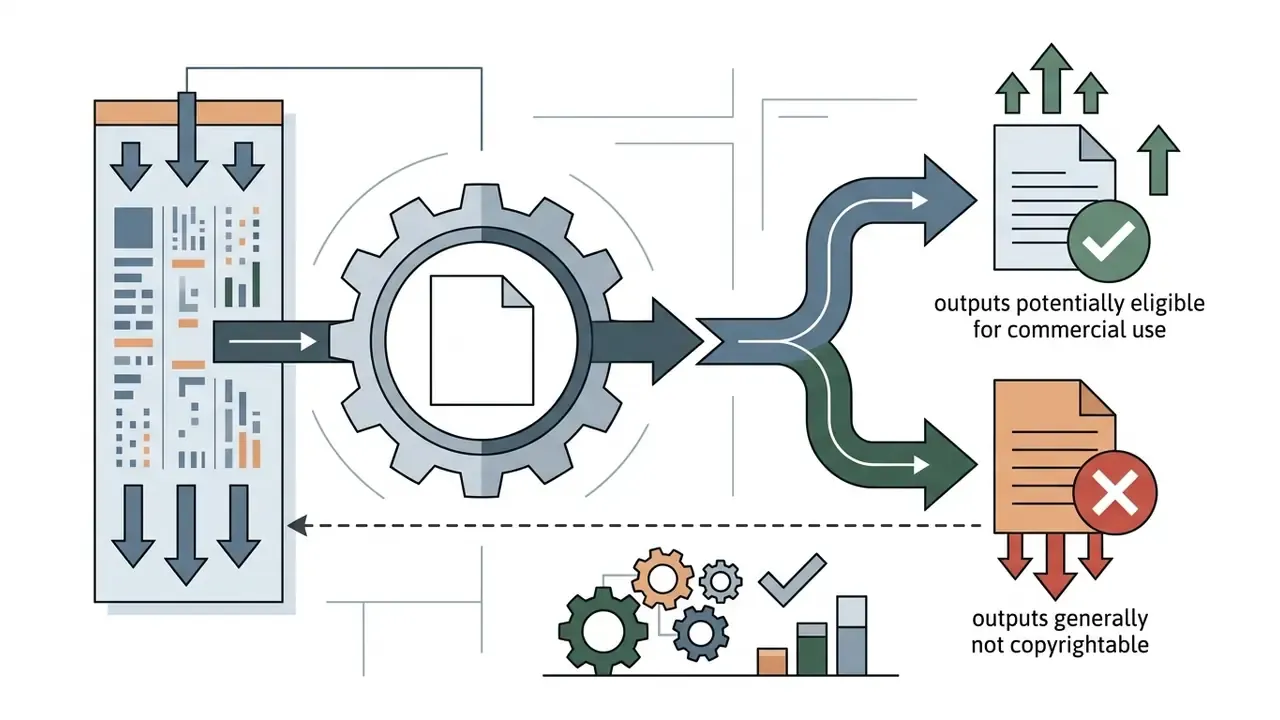 Diagram showing how OpenArt AI processes prompts into copyrightable or non-copyrightable output paths