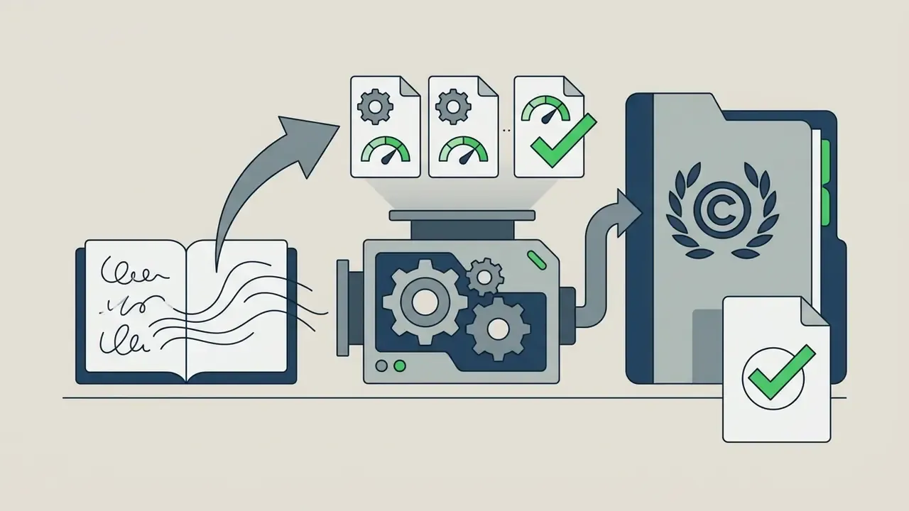 Open book feeding data into a mechanical processor that outputs files to a folder marked with a copyright icon