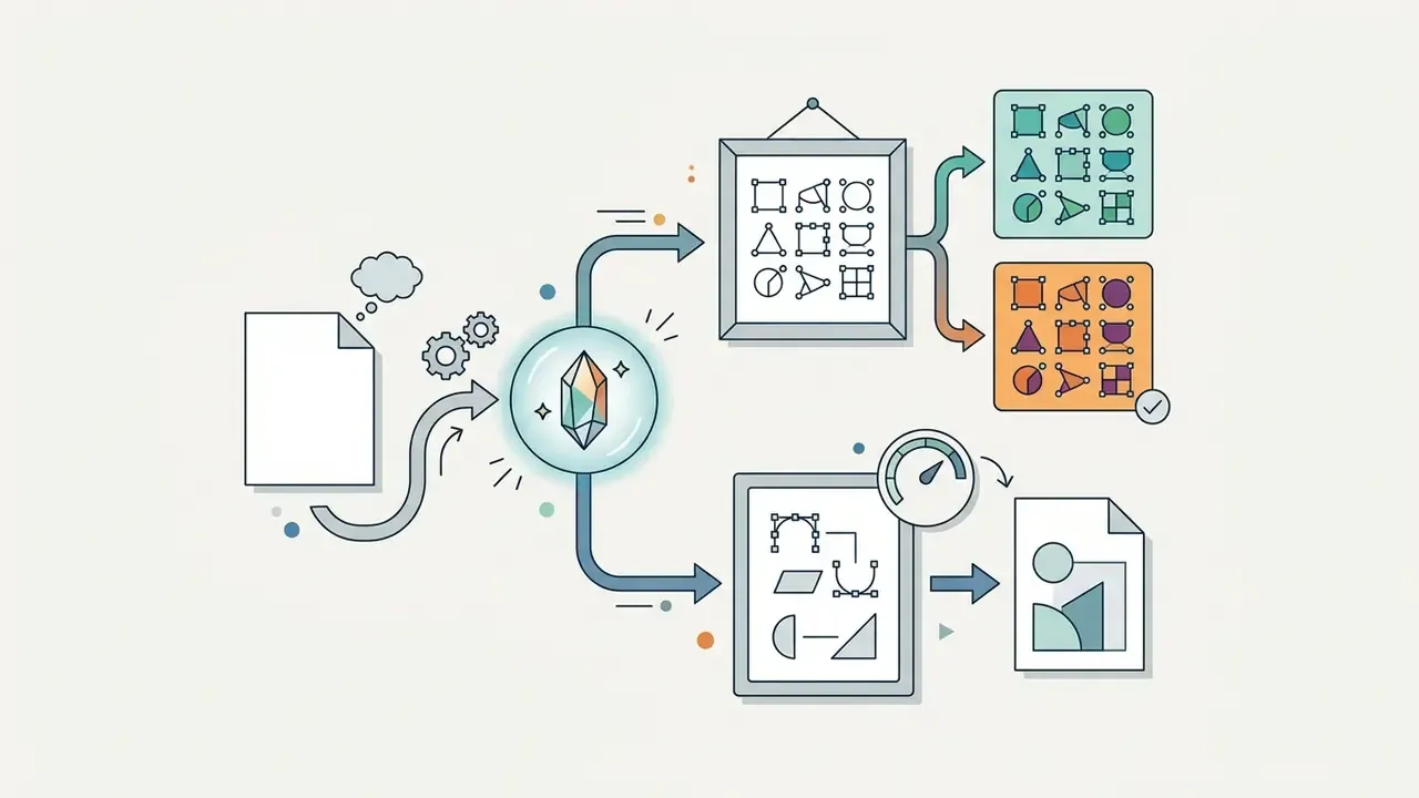 Document being processed through a crystal sphere into recolored vector assets and edited graphic layouts