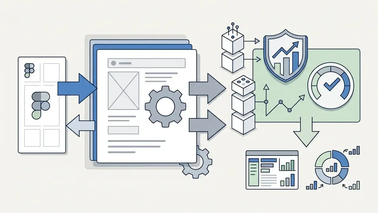 Wireframe documents passing through a gear processor to generate BI data charts and performance metrics