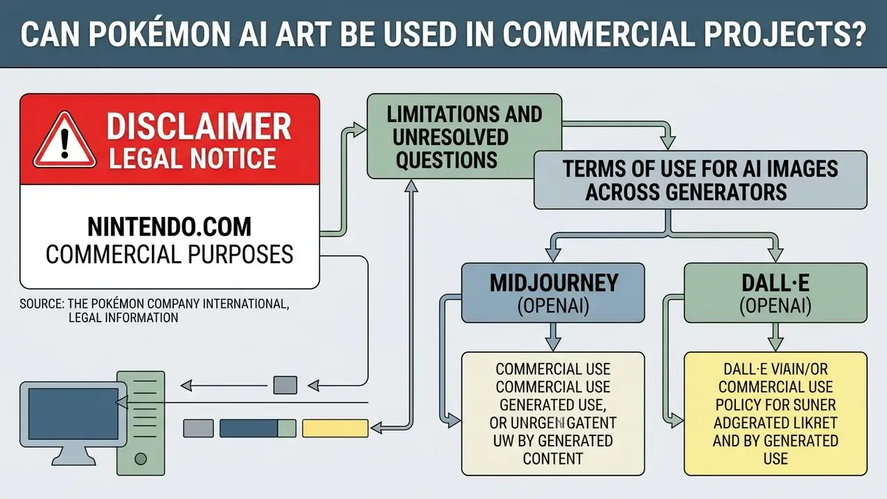 Flowchart outlining legal disclaimers and commercial usage terms for Pokemon AI art across various generators