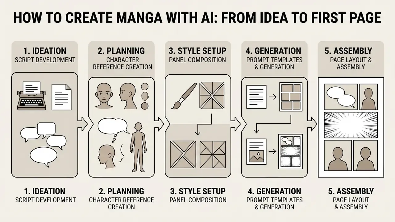 Five sequential steps for comic creation ranging from initial script writing to final page assembly