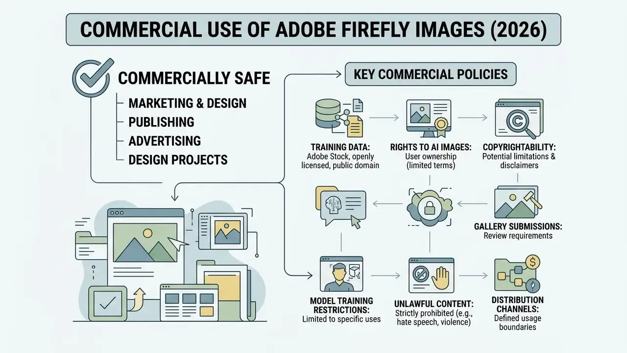 Infographic detailing commercial usage policies, training data, and copyright rules for generated images