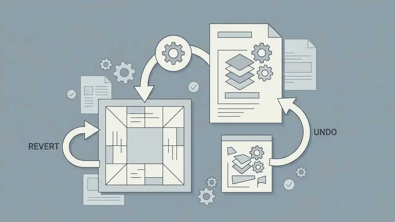 Cycle of document icons and gears illustrating the relationship between revert and undo functions