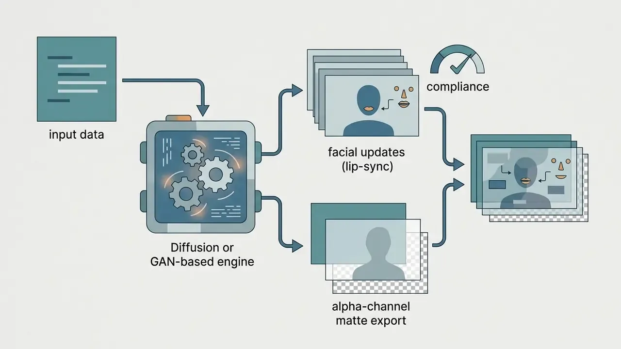Input data processing through a generative engine to create facial lip-sync frames and matte overlays