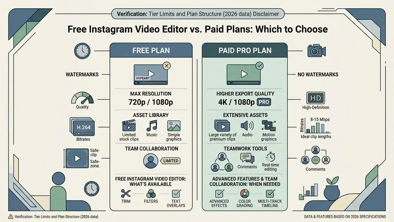Comparison infographic between free and paid Instagram video editor features and collaboration tools