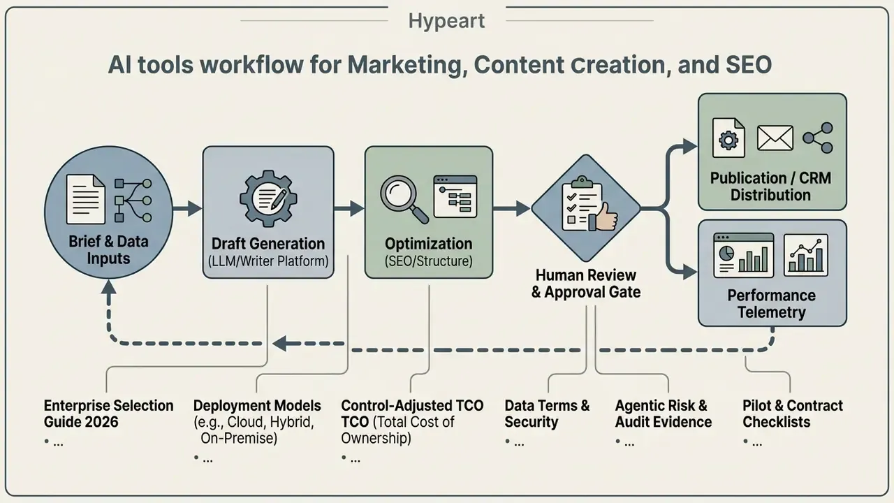 Flowchart showing a content creation process from brief inputs to publication with a feedback loop