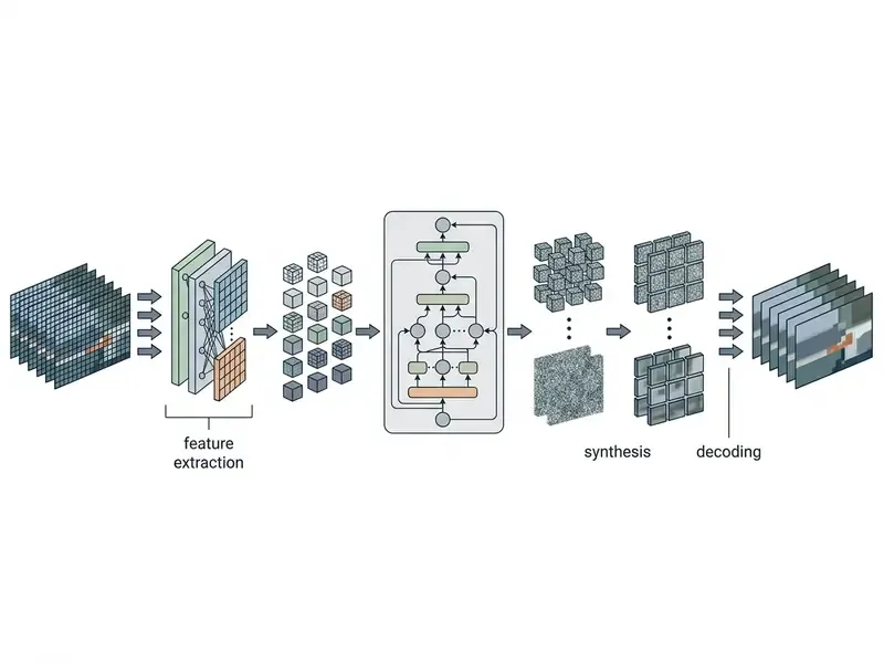 Diagram showing the transformation of video frames into latent patches through feature extraction and denoising