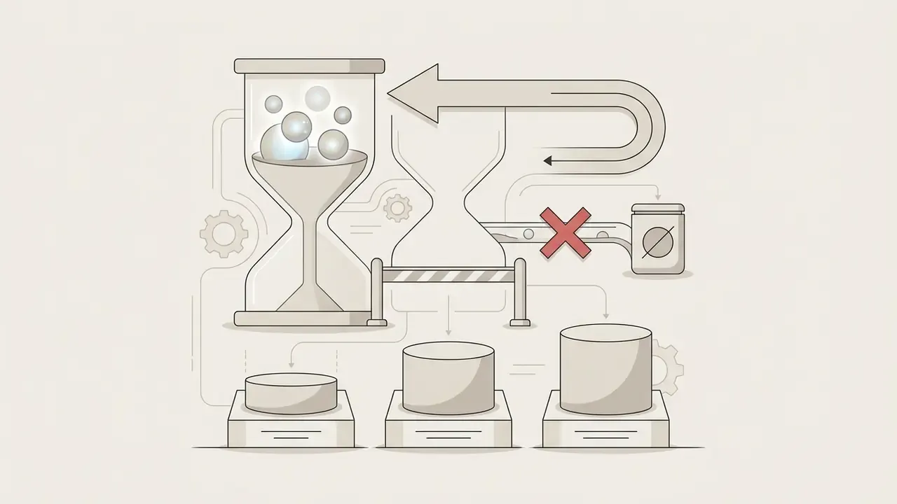 Hourglass with spheres blocked by a red cross from moving into a secondary storage container