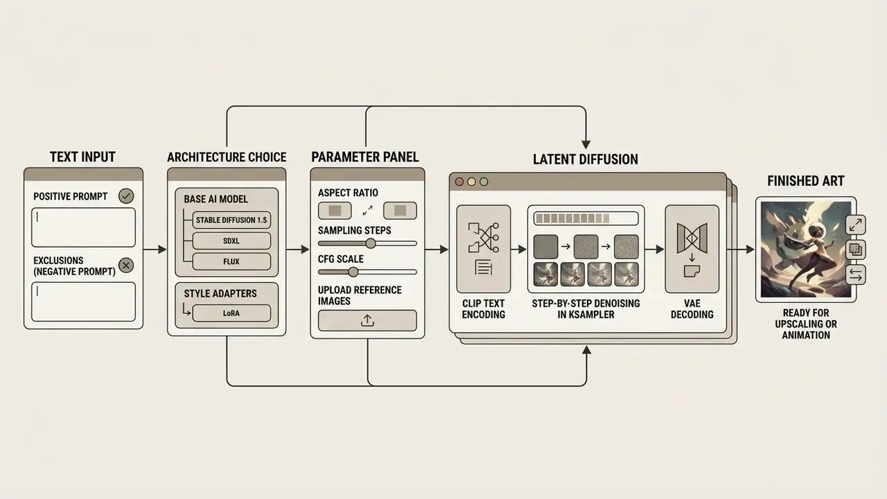 Flowchart showing the Tensor Art AI process from text prompts and model selection to latent diffusion