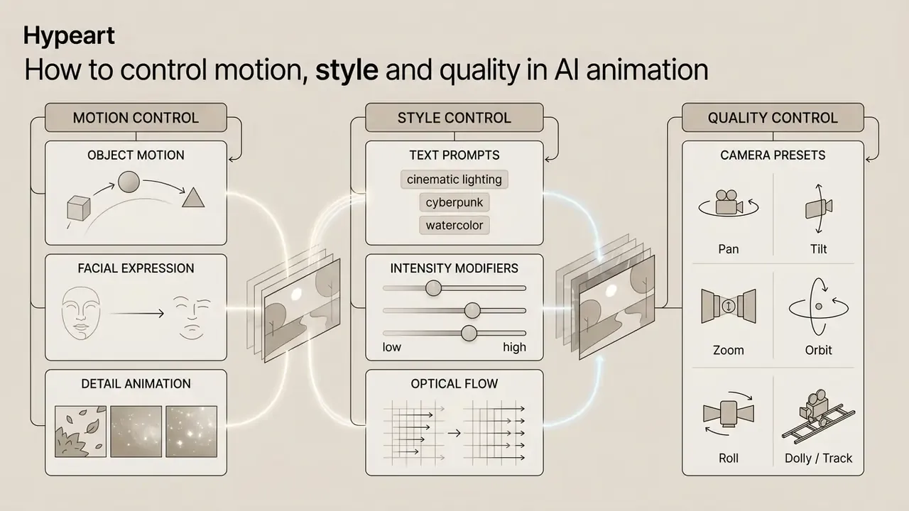 Diagram categorizing motion, style, and quality controls for video generation with camera presets