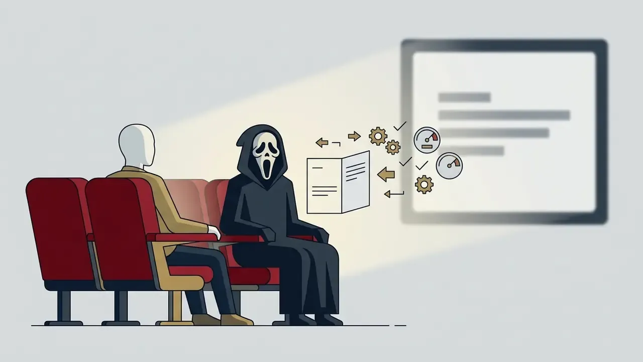 Person and hooded figure in red theater seats watching a screen with gear and speed gauge icons