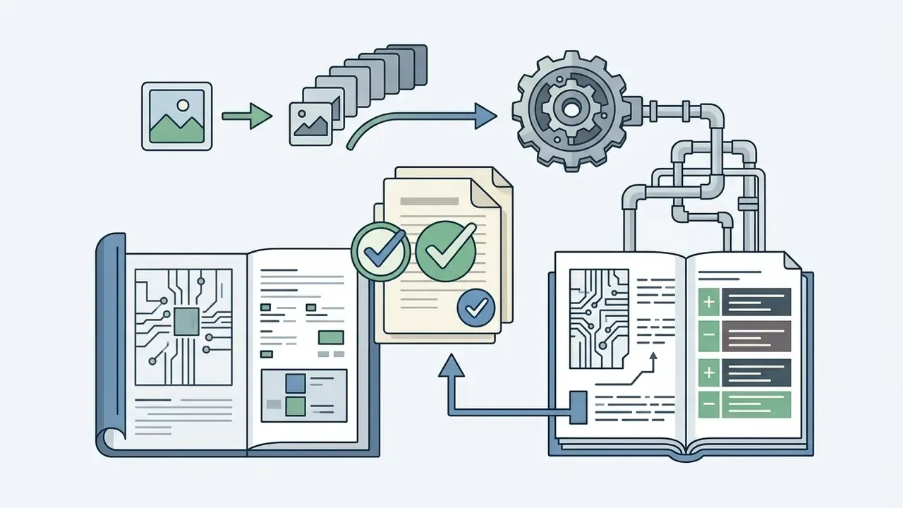 Image frames flowing through a gear system and pipes into technical manuals with checkmark icons