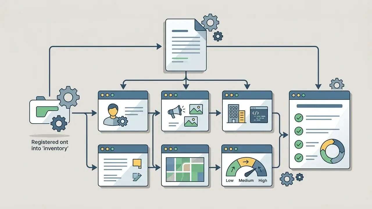 Process map showing the registration of AI tools into an inventory for risk assessment and monitoring