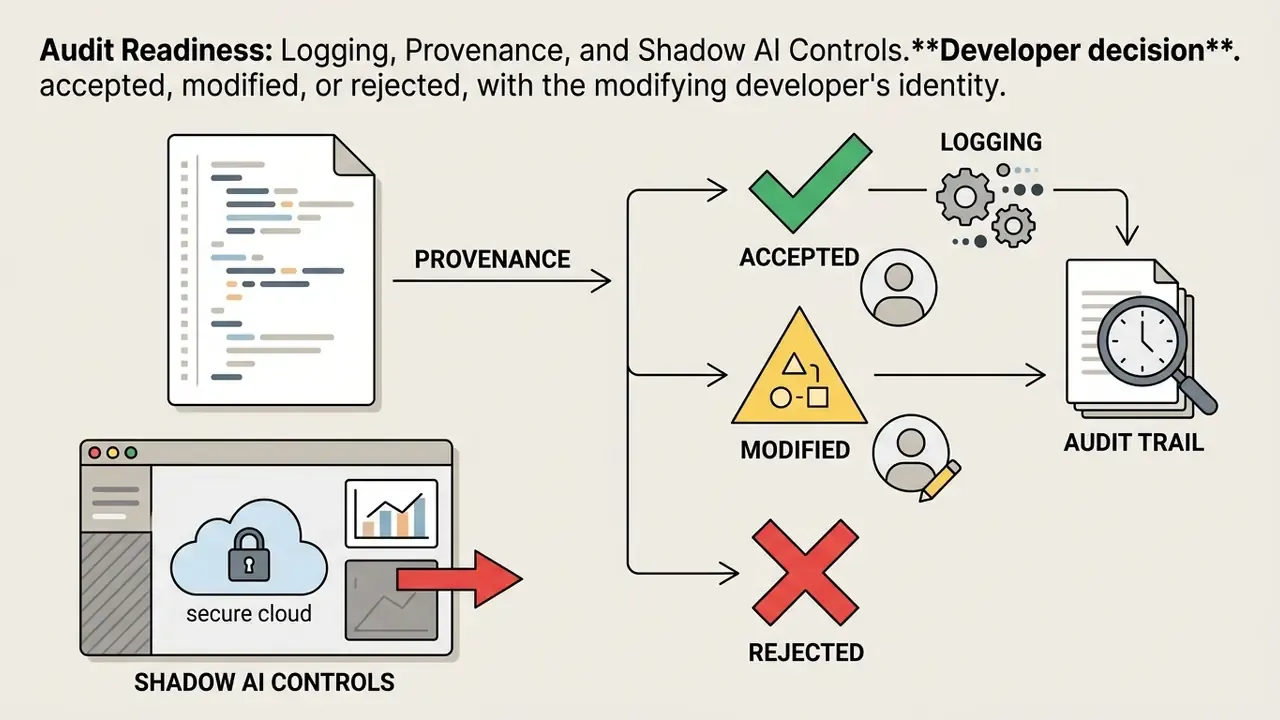 Workflow showing developer decisions to accept, modify, or reject AI code leading to an audit trail