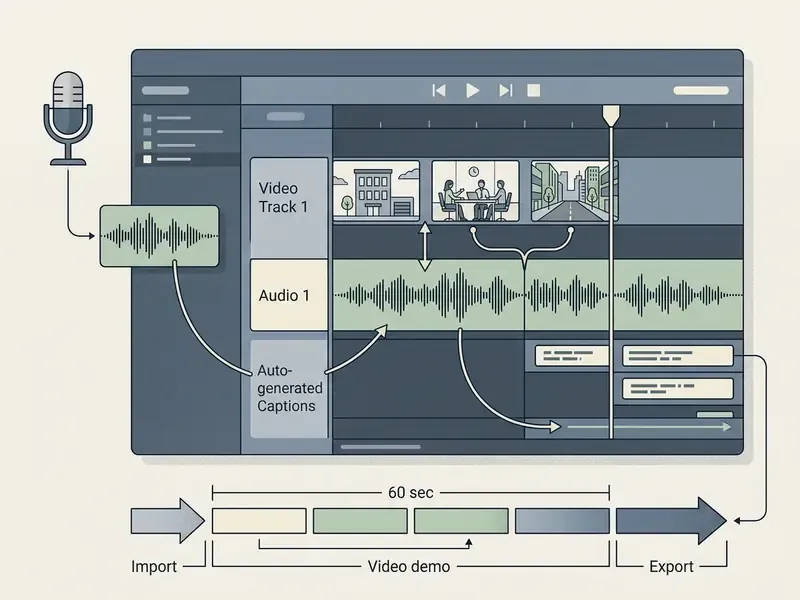 Editing software interface showing audio file import, caption generation, and track synchronization