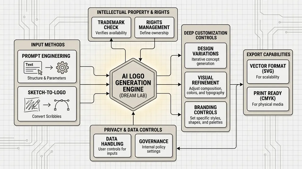 Technical architecture diagram showing the workflow of an AI engine for logo creation and customization
