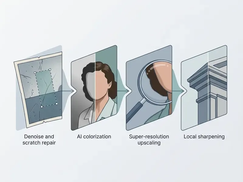 Four-stage workflow diagram showing photo repair, colorization, upscaling, and sharpening steps