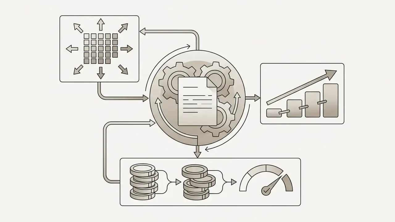 Document feeding into a central gear mechanism that outputs a growth chart and coin stacks with a speed gauge