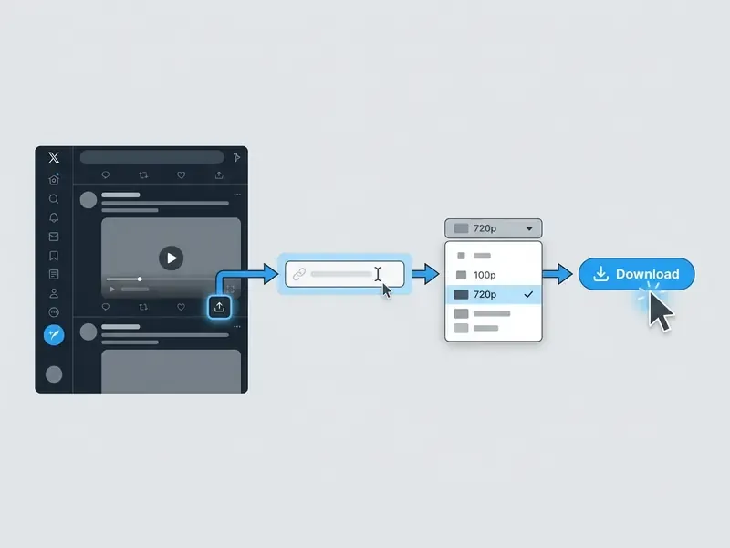 Annotated diagram showing the process to paste a link, select video quality, and click download
