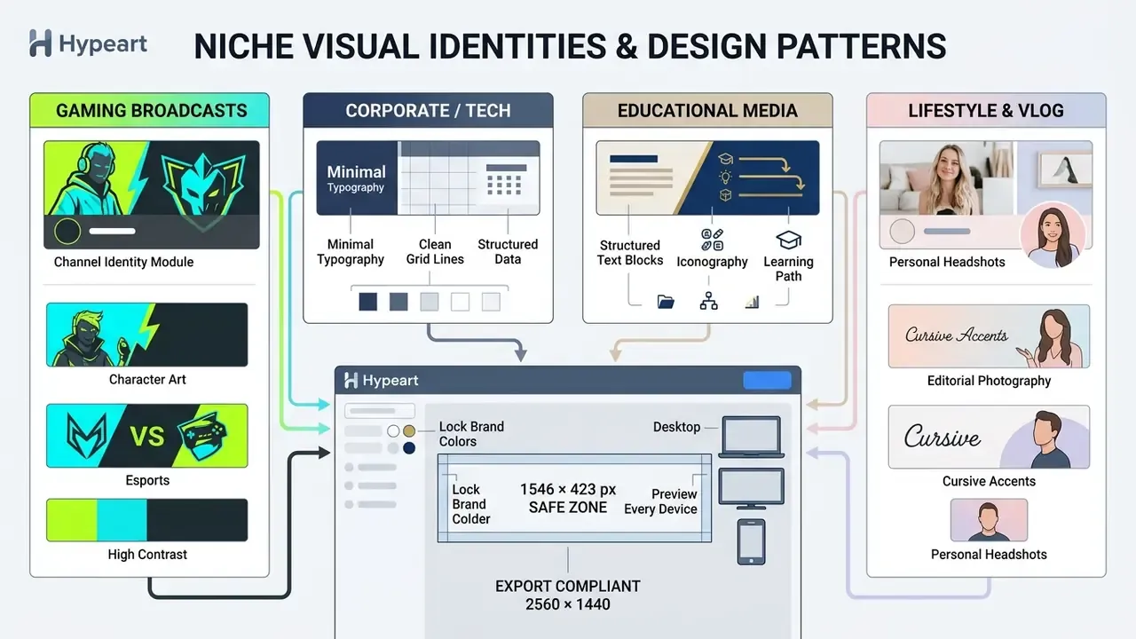 Comparison of design styles for gaming, corporate, educational, and lifestyle YouTube channel banners