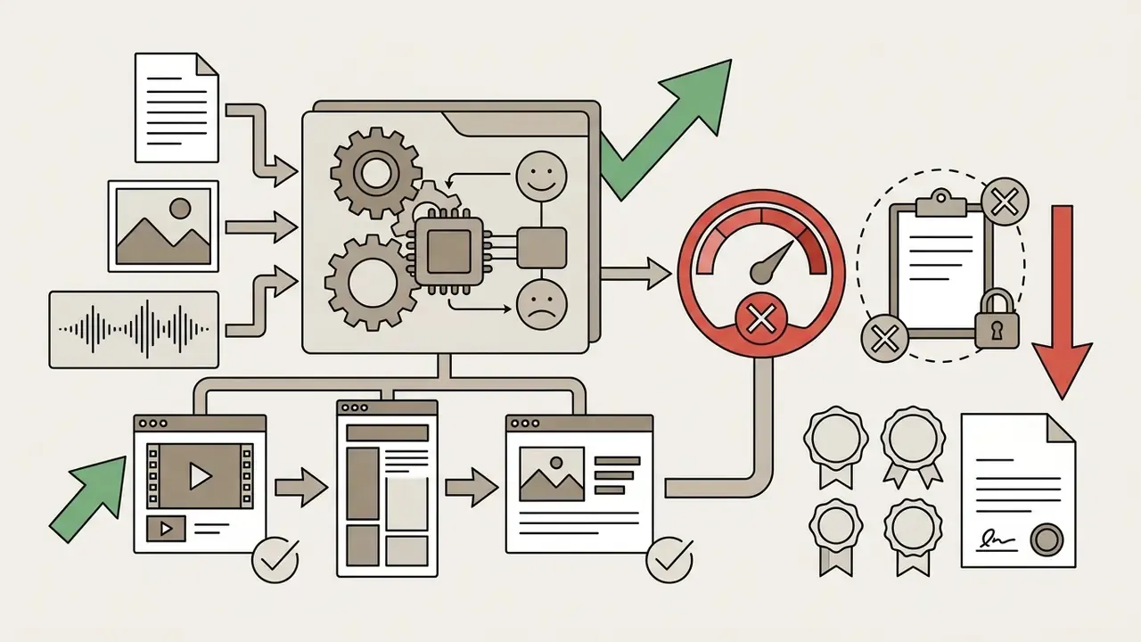 System processing text and media inputs into digital content with speed and compliance indicators