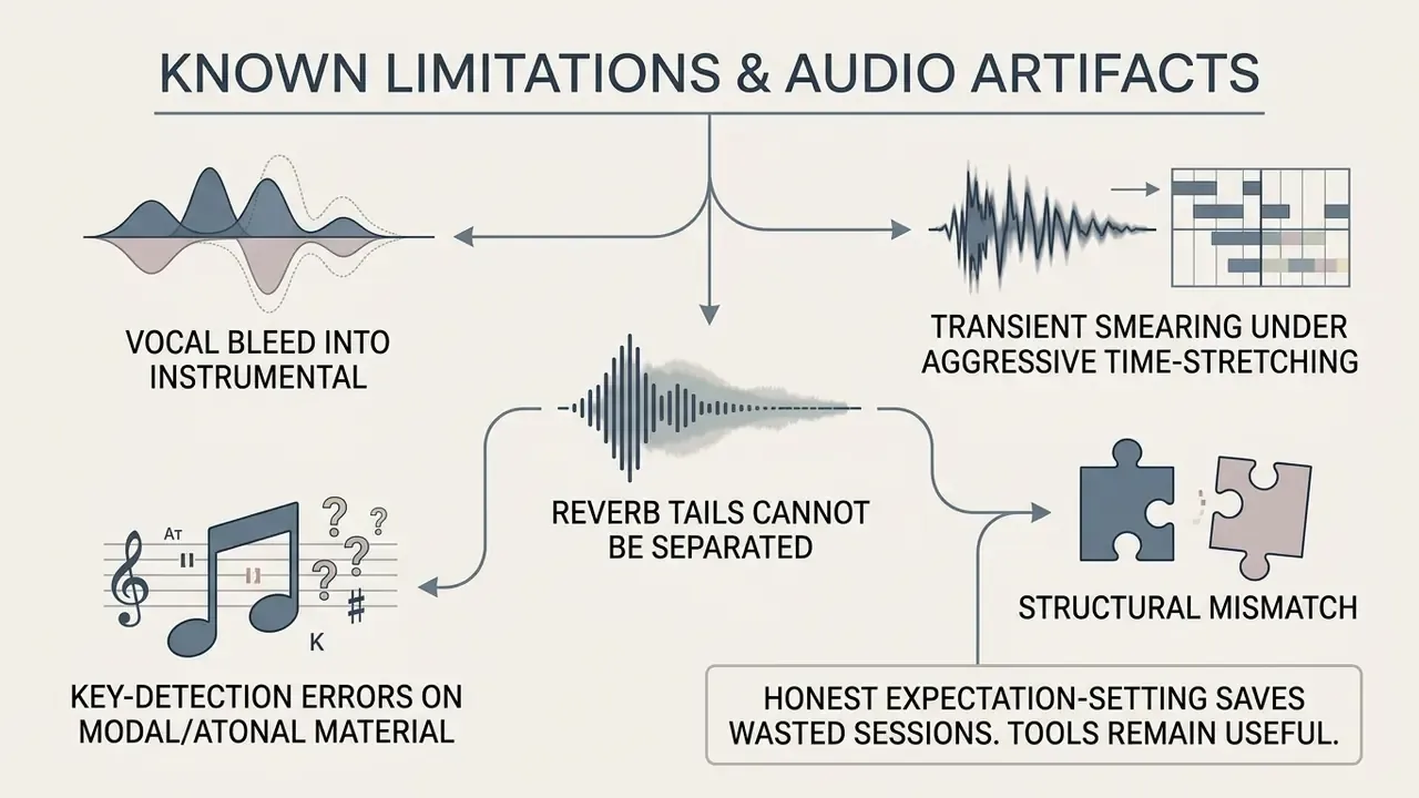 Visual summary of common audio processing issues like vocal bleed, time-stretching, and key errors