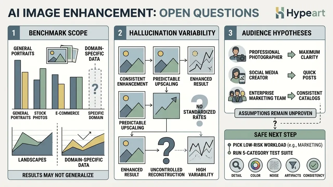Three-part layout detailing benchmark scope, hallucination variability, and audience hypotheses for models