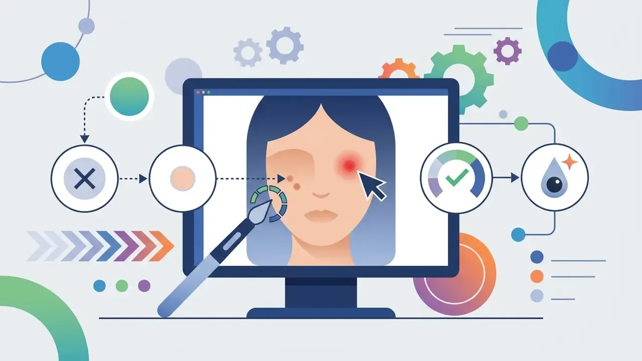 Retouching brush and cursor removing blemishes and red eye on a face shown on a computer monitor