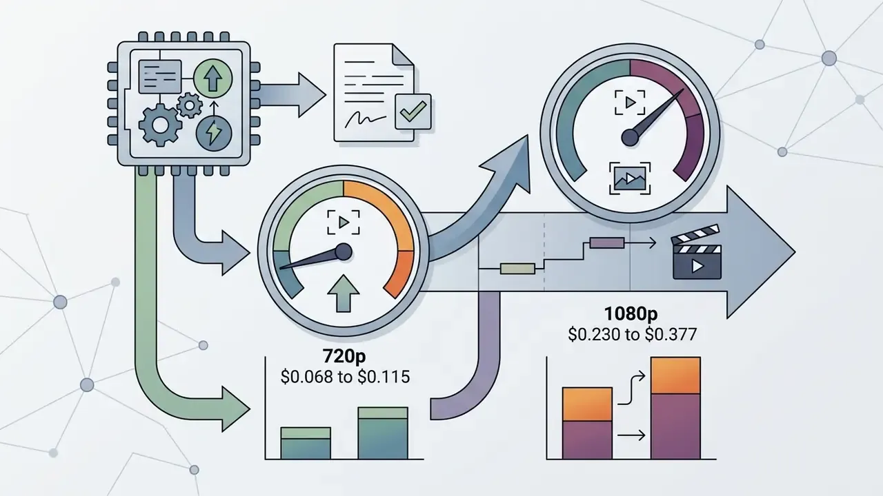 Processor chip feeding data into speed gauges that correlate resolution settings with AI video pricing