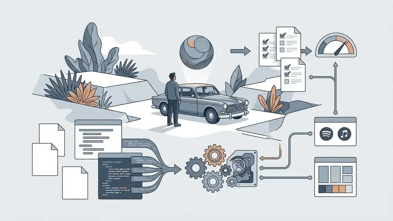 Person standing near a retro car with floating sphere and gears connecting code to digital output icons