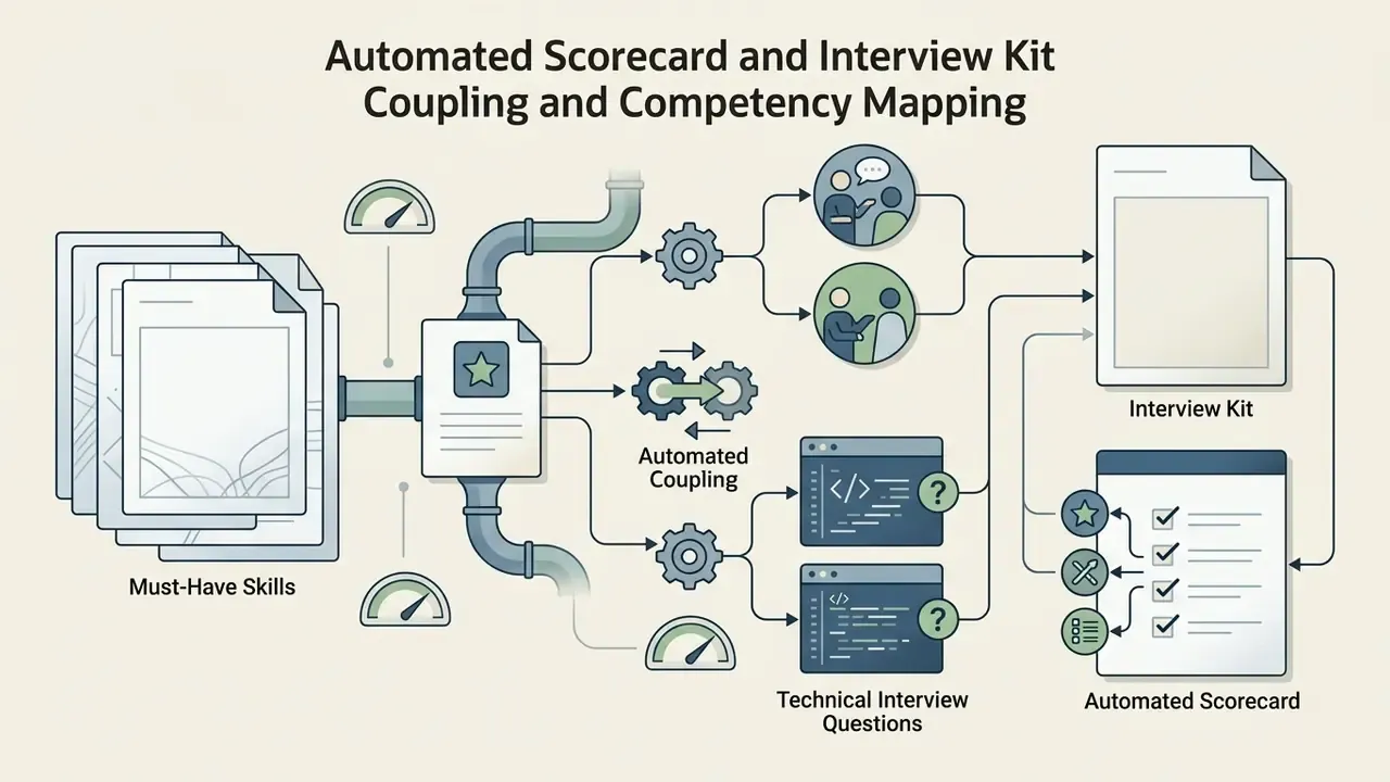 Diagram showing skills flowing through a processing pipeline to generate interview kits and scorecards