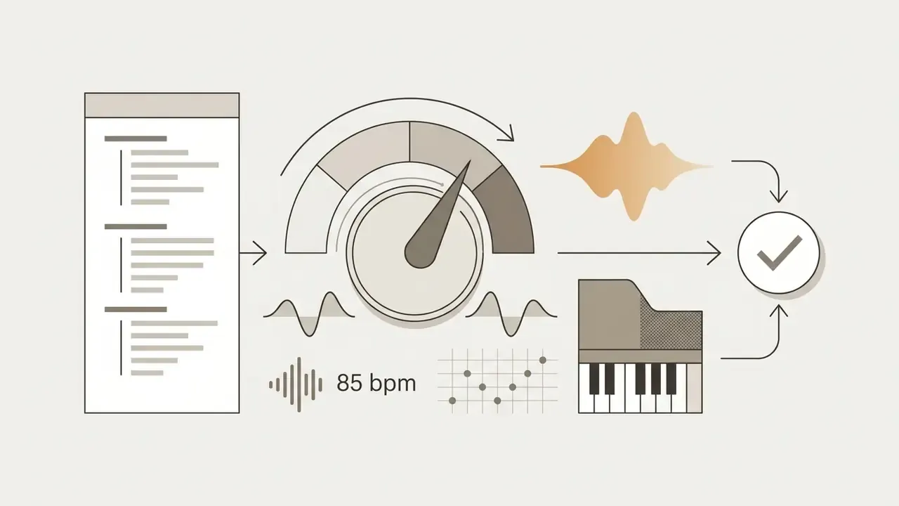 Text input flowing into a speed gauge, piano keys, and waveform to produce a finished musical track
