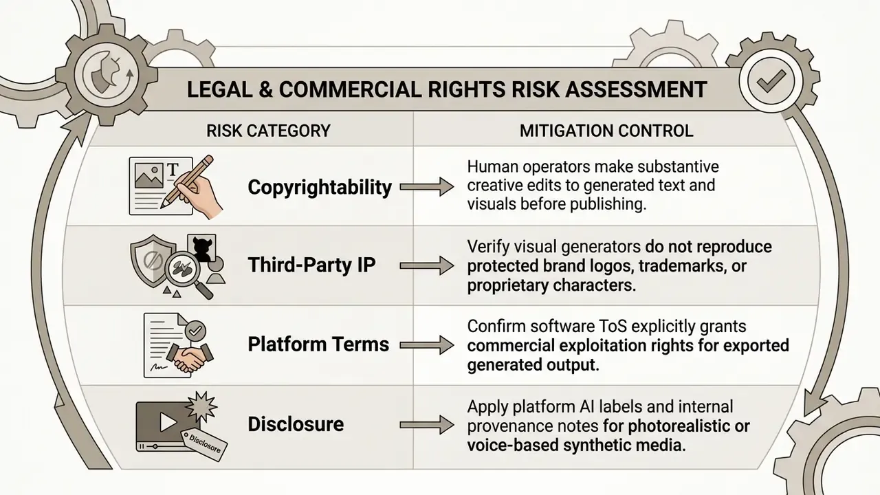 Table mapping four legal risk categories to specific mitigation controls for generated content