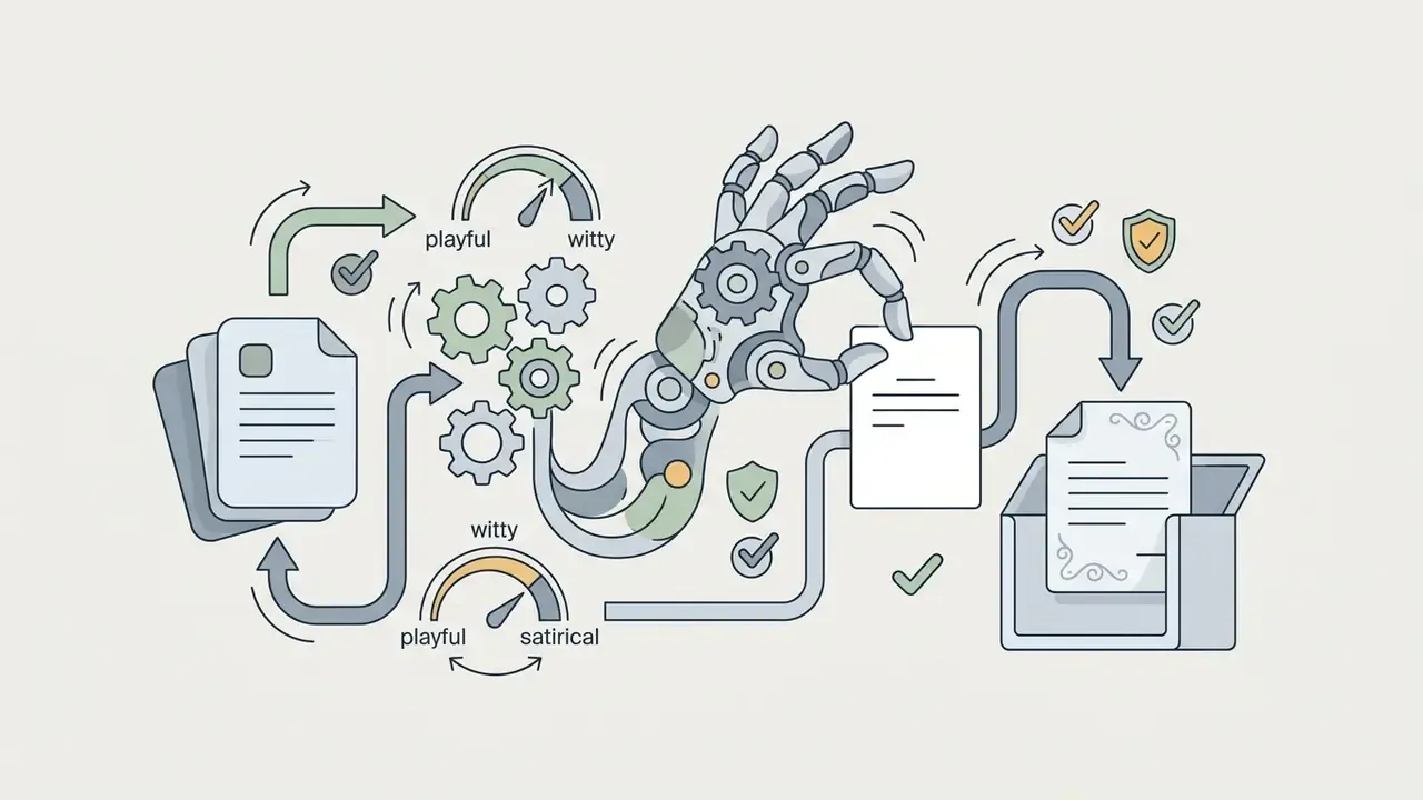 Robotic hand adjusting gears and gauges to process documents into a playful and witty output format