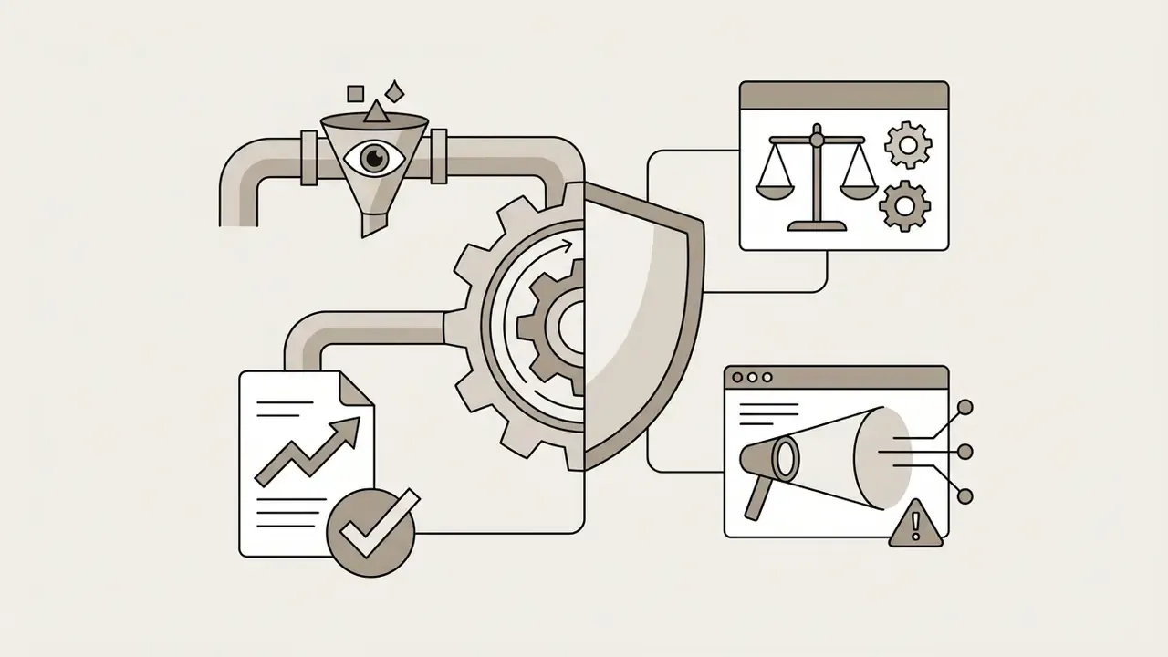 Pipeline with an eye filter feeding a gear and shield mechanism connected to compliance and alert icons