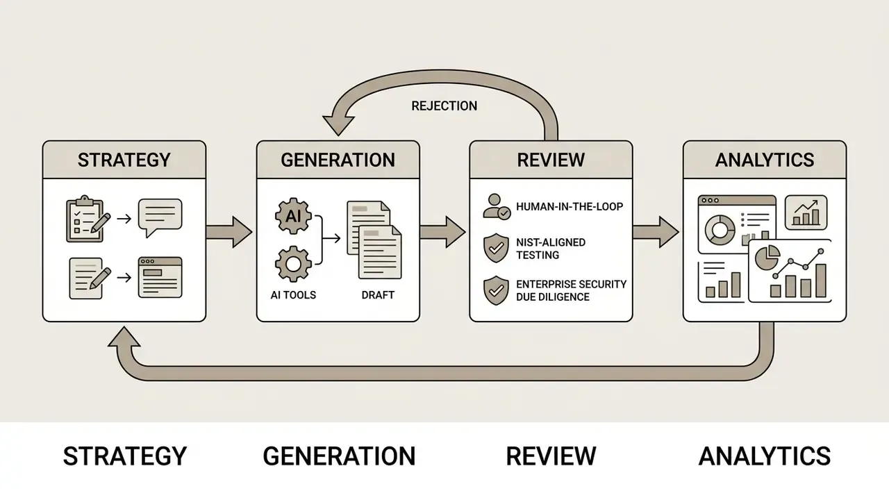 Four stage diagram showing AI social media content creation with human review and feedback loops