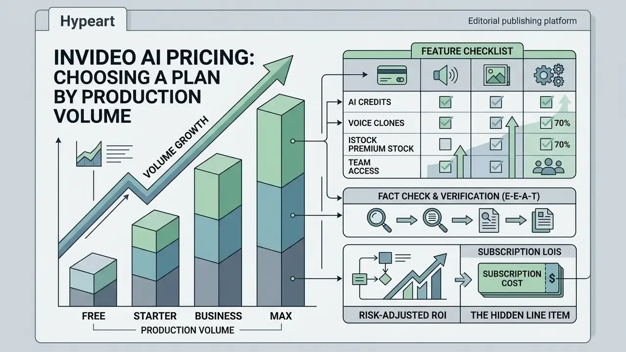 Bar chart comparing InVideo AI pricing tiers against feature checklists and risk-adjusted ROI metrics