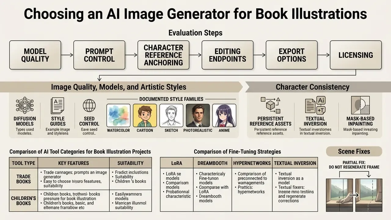 Diagram outlining six evaluation steps for selecting software to create visual book content