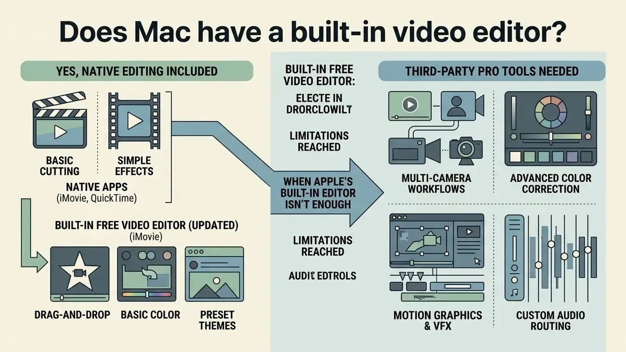 Infographic comparing native Mac video editing tools like iMovie with advanced third-party software