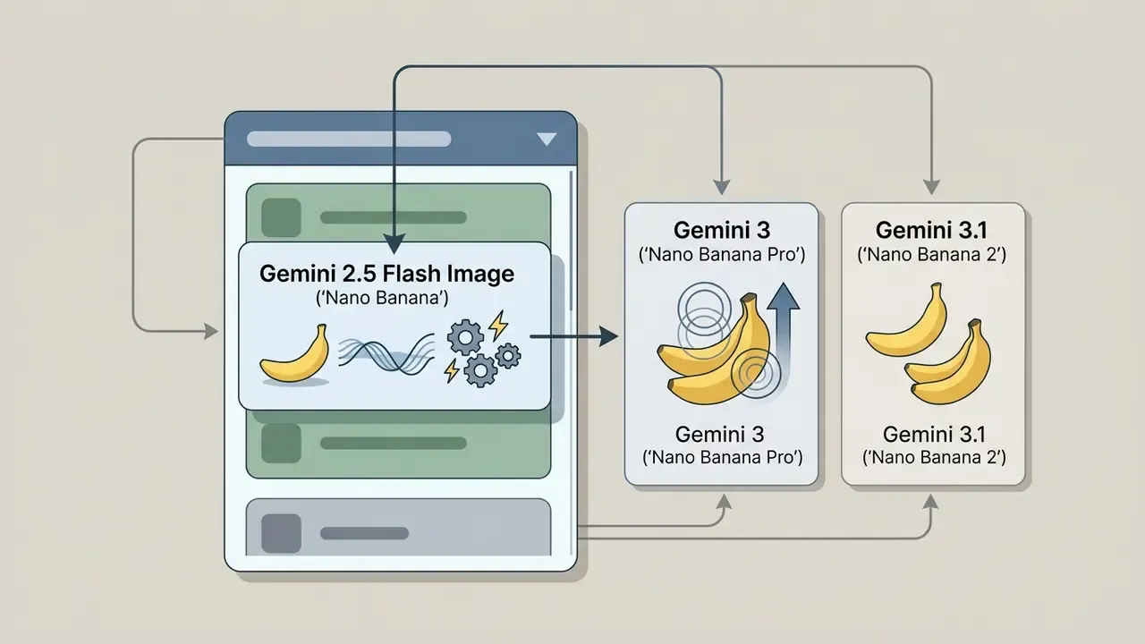 Menu interface showing connections between Gemini model versions with banana and gear icons