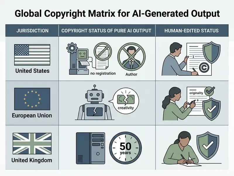 Comparison table outlining copyright status for AI-generated content across the US, EU, and UK