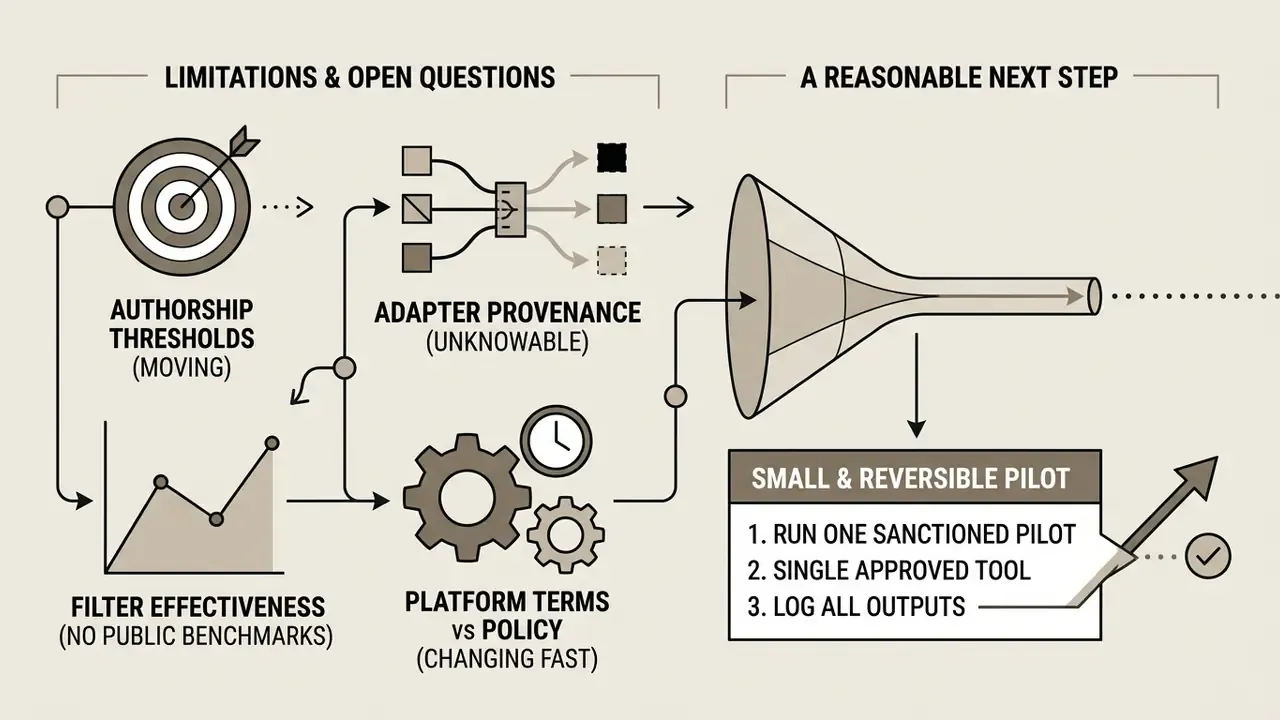 Infographic mapping technical uncertainties to a focused funnel for testing a single approved AI tool