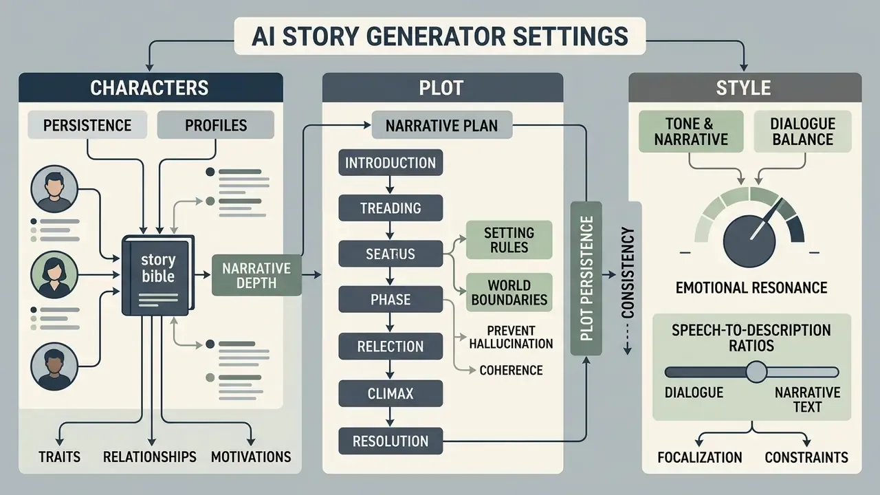 Diagram showing character profiles, plot development stages, and style parameters for an AI fanfic generator