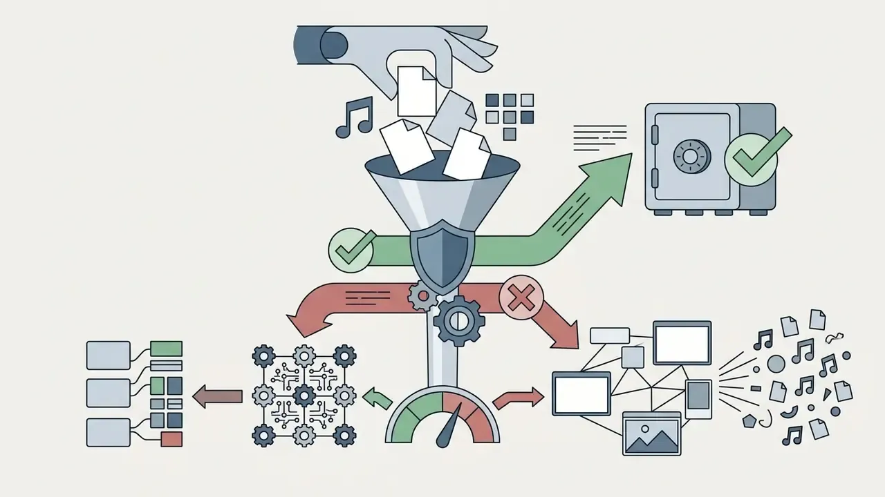 Robotic hand dropping files into a funnel that sorts data into secure storage or public distribution networks