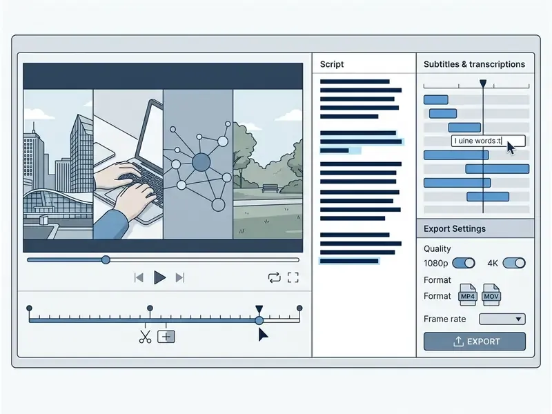Dashboard displaying a video preview alongside panels for editing scripts, subtitles, and export settings