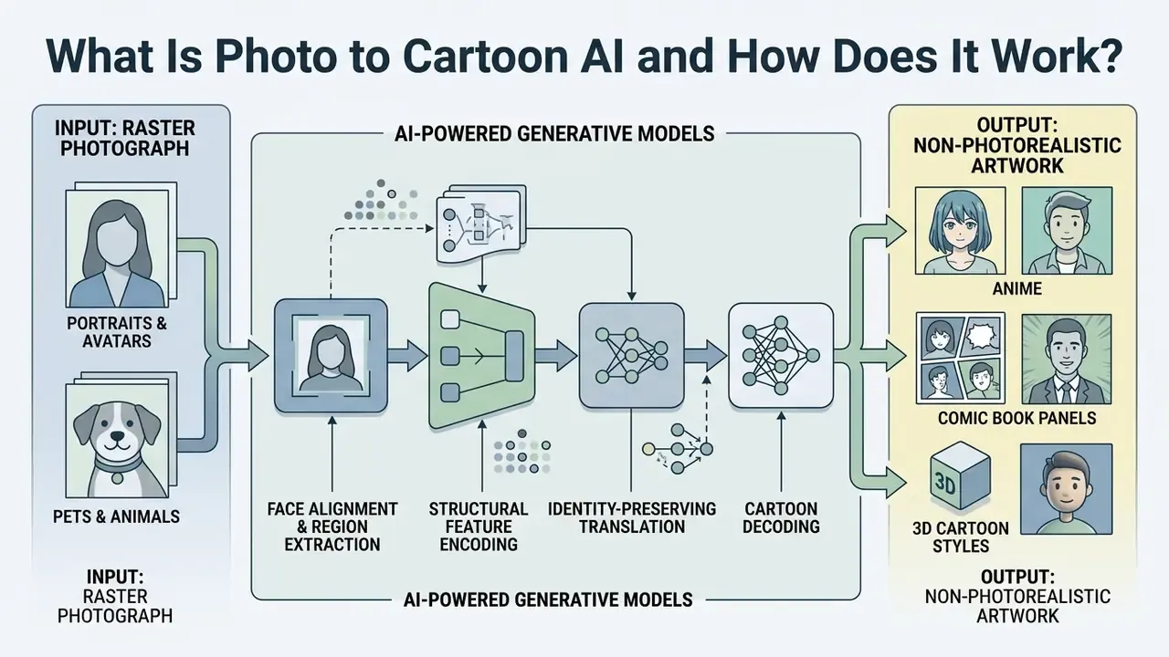 Diagram showing the process of using generative models to transform raster photos into cartoon styles