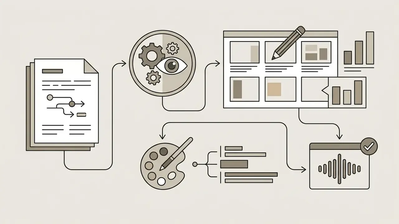 Script document flowing through a lens and gears into storyboards, design palettes, and audio waveforms