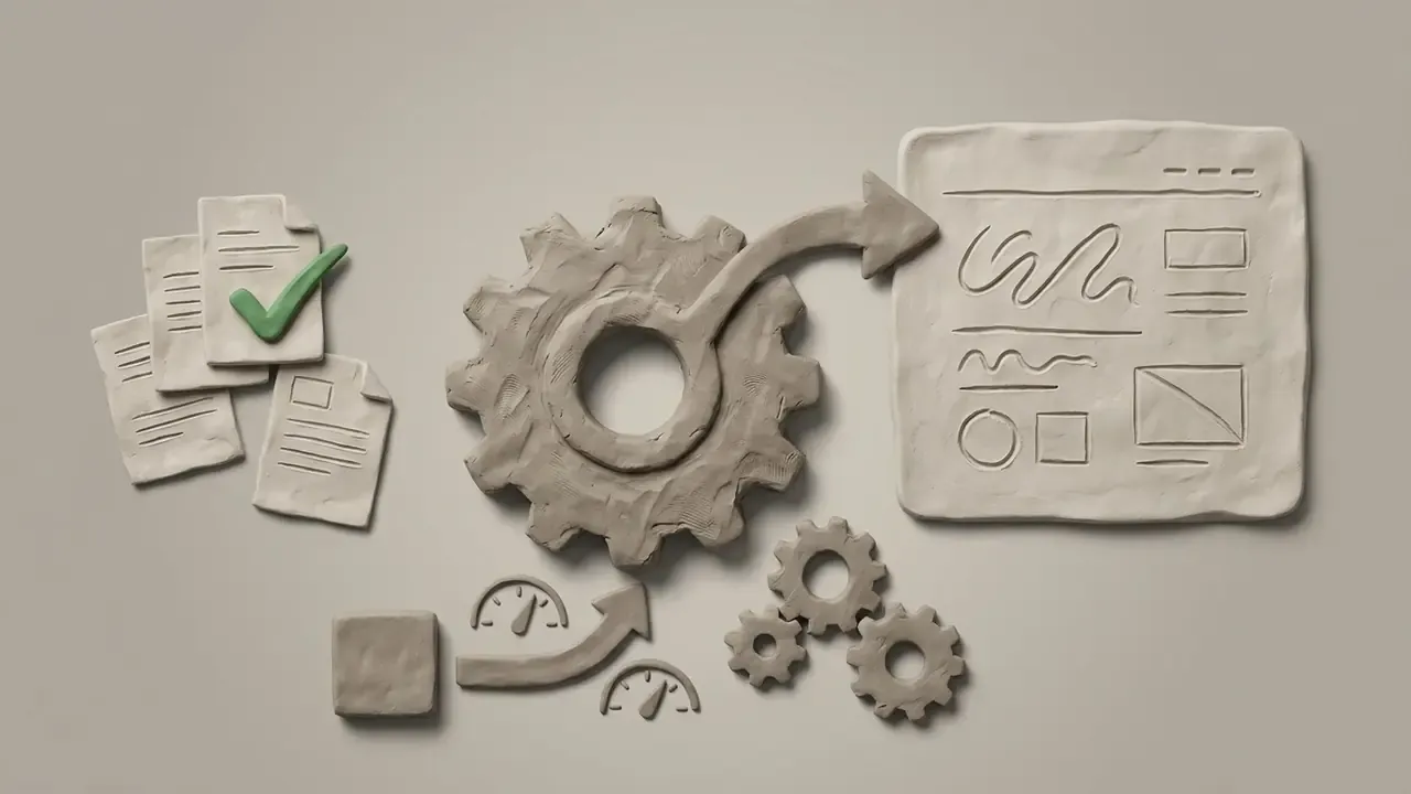 Claymation style gear mechanism processing documents into a digital interface display with speed gauges