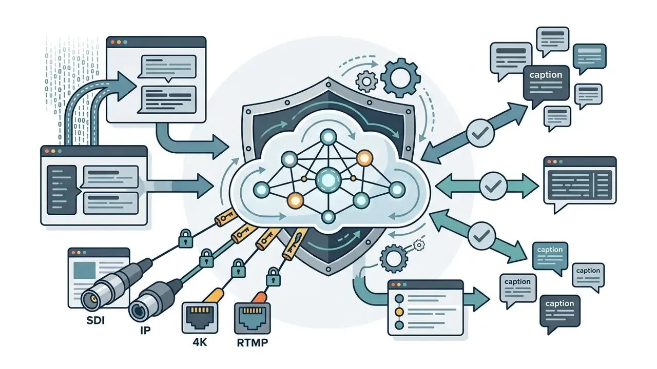 Central cloud shield icon connecting SDI, IP, 4K, and RTMP inputs to distributed captioning workflows